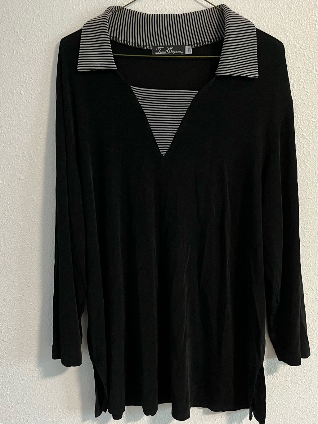 Travel Elegance Black Long-Sleeve V-Notch Top With Striped Collar 2x